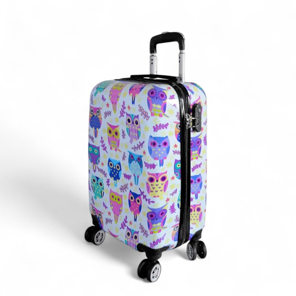 Voyage valise cabine à motifs chouettes colorées.