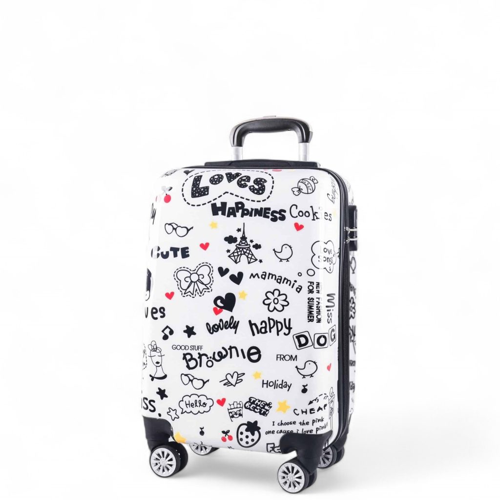 Valise à roulettes pour enfants avec motif doodle coloré, idéale pour voyages et vacances.