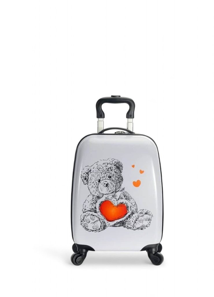 Valise cabine enfant avec dessin deours en ligne, cœur orange et petits cœurs.