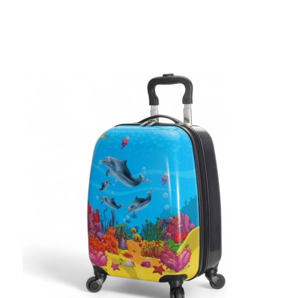 1. valise enfant avec motif dauphins et poissons sous-marin.