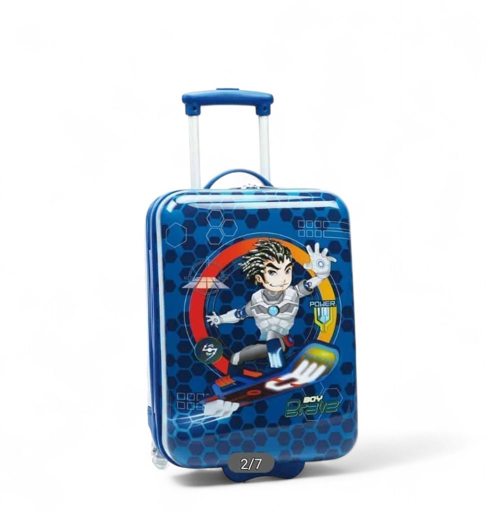 Sac à roulettes pour enfants avec design de super-héros, bleu avec illustration numérique.
