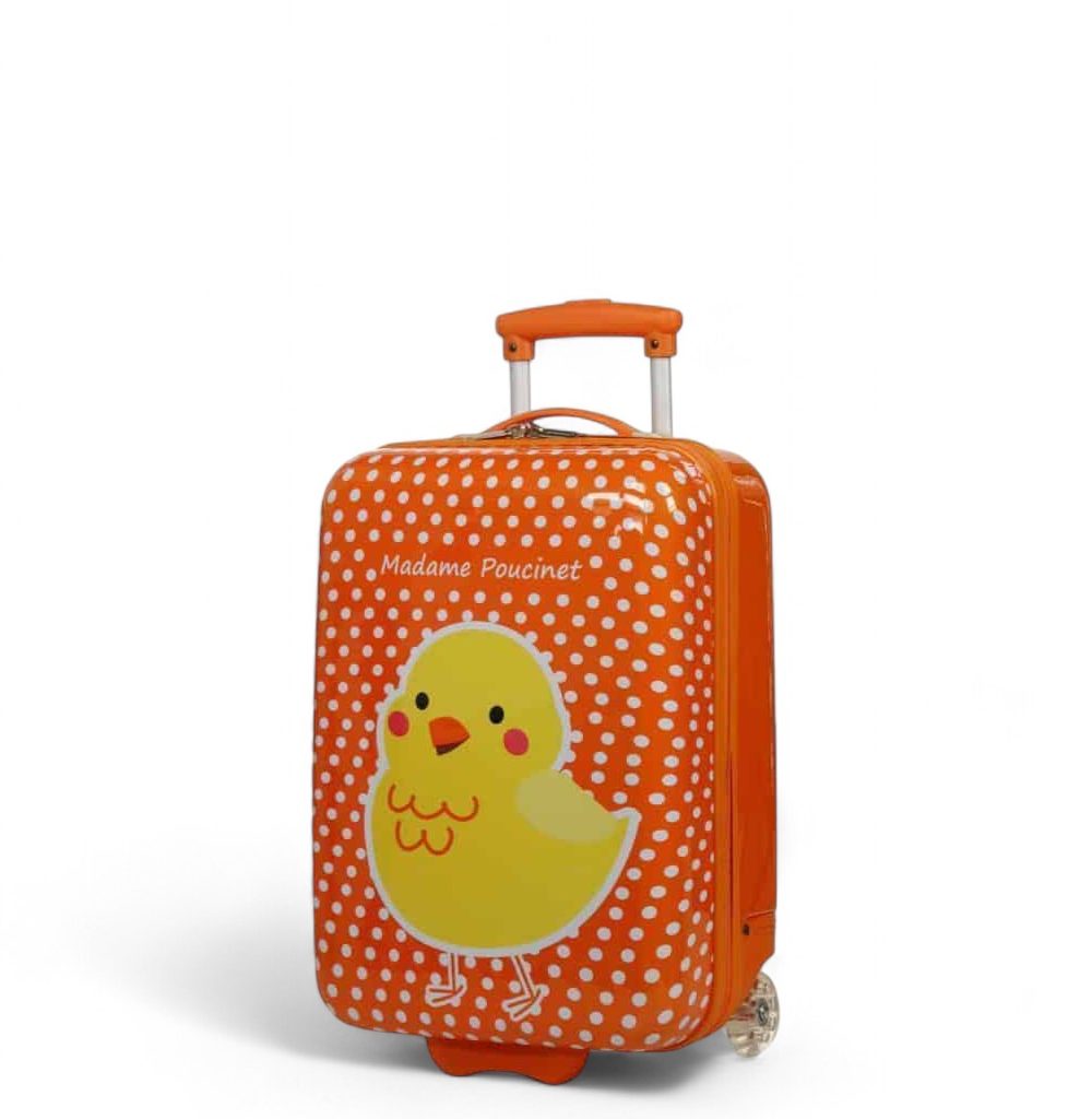 Orange valise à roulettes pour enfants avec poussette, motif de poussine jaune, délice et amusant pour voyage.