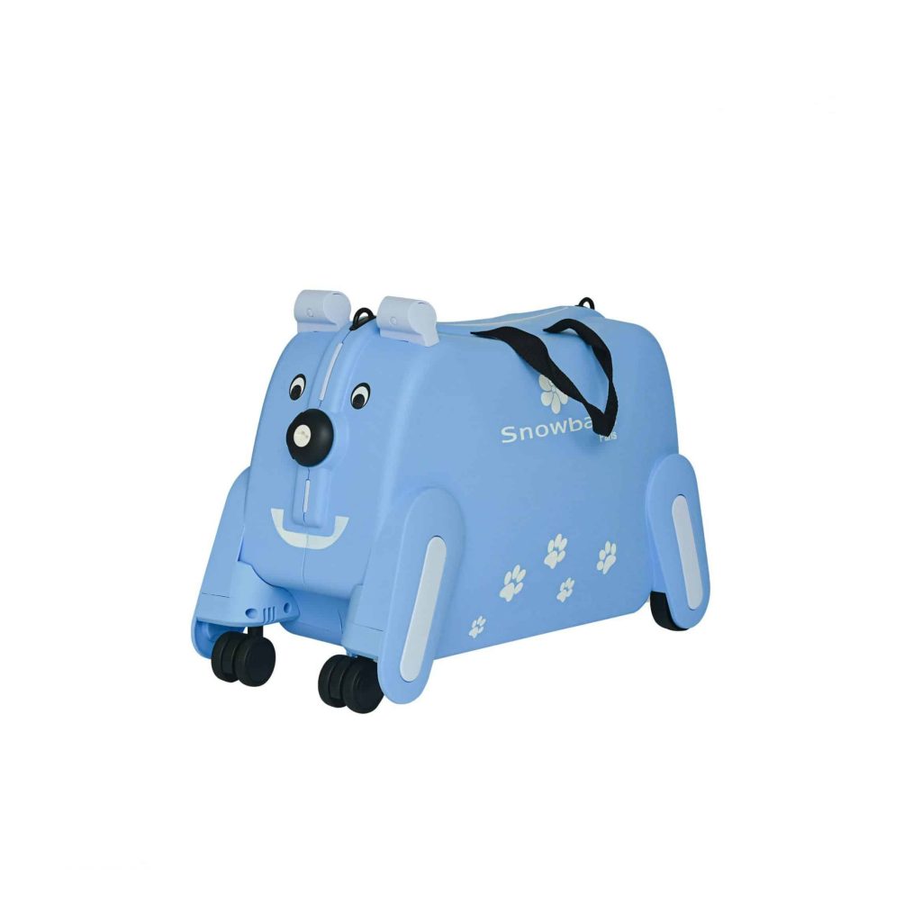 Sac à dos enfant en forme d'ours bleu avec roulettes, facilement transportable et ludique.
