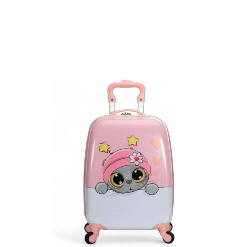 Valise enfant avec design mignon de chat, couleur rose et surface brillante, idéale pour voyager.