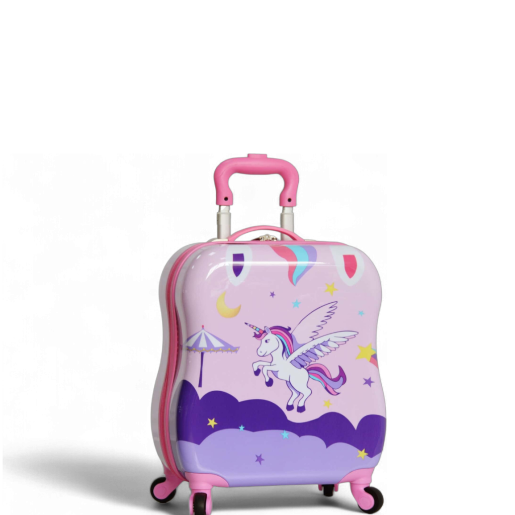 Valise enfant en plastique colorée avec licorne, ailes et décoration magique.