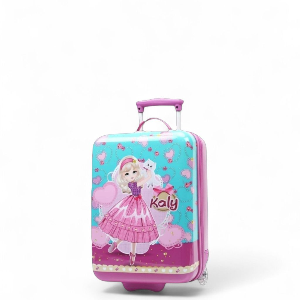 Valise cabine pour enfants avec design fille et chat, couleurs rose et bleu.