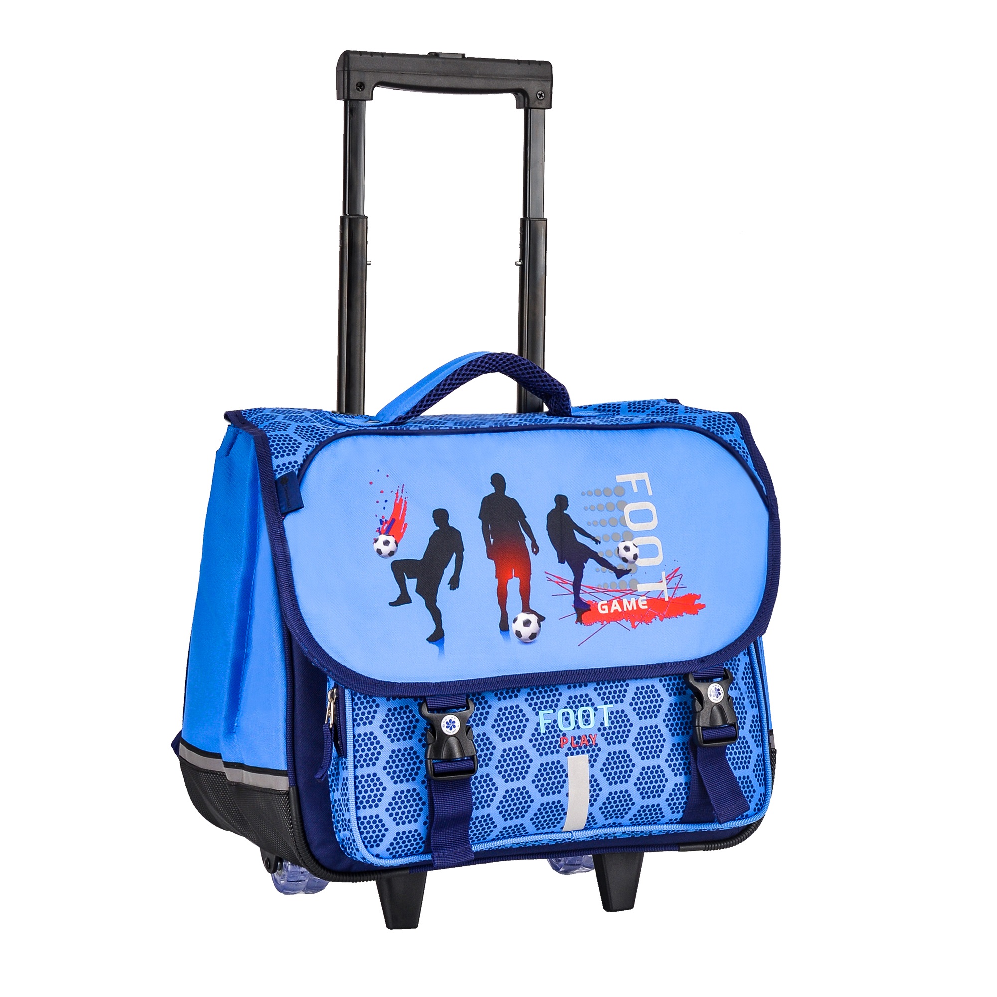 Cartable Trolley Foot 3 Pièces Pour Garçon – Sac à Dos Roulettes + Sac Repas + Trousse – Design Football Bleu – CP CE1 CE2