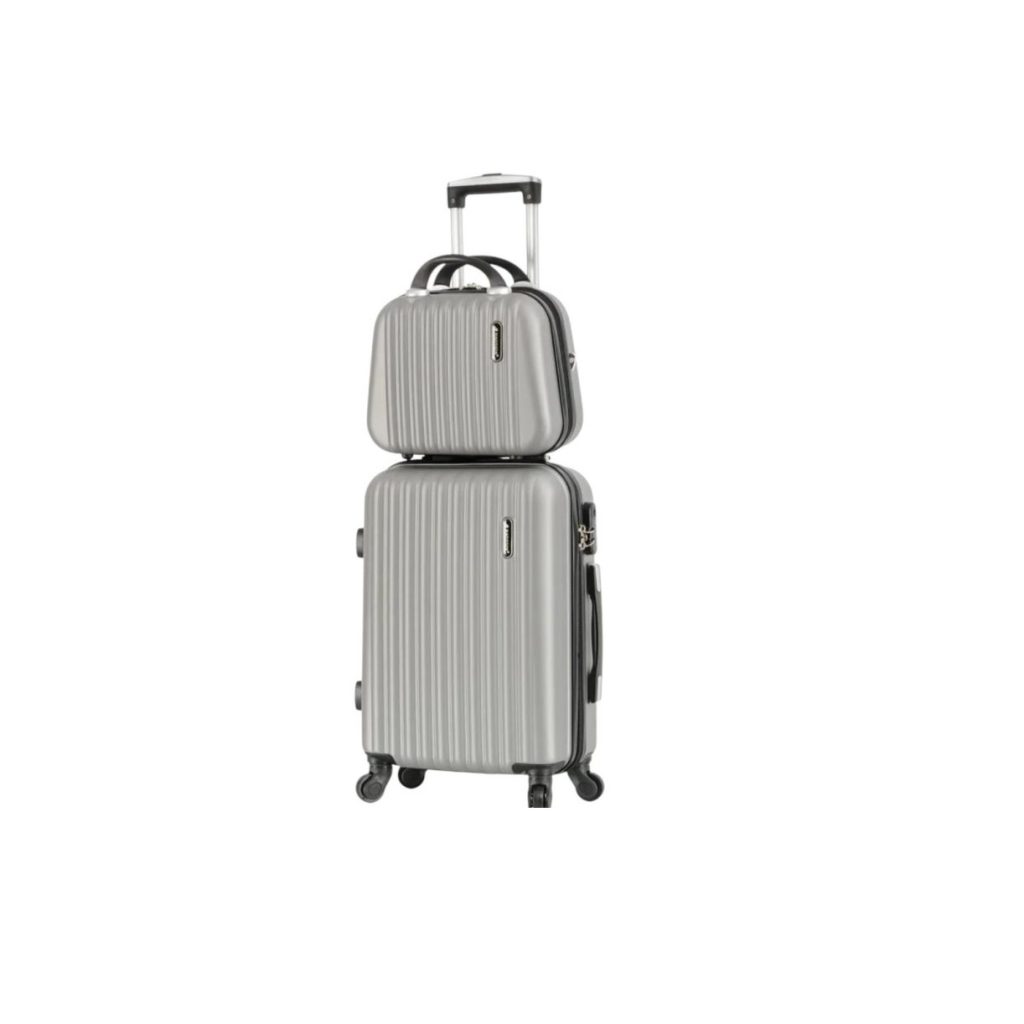 Valise et sac de voyage en aluminium gris à roulettes, élégance et praticité.
