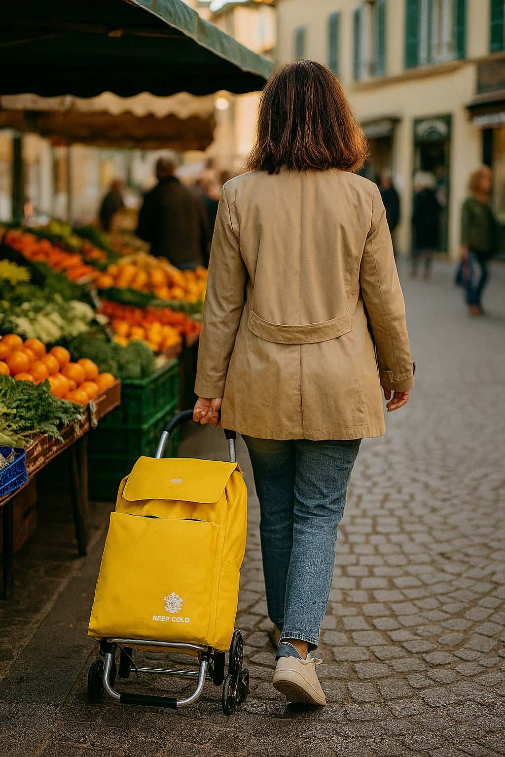 chariot isotherme à roulettes jaune utilisé dans un marché de fruits et légumes