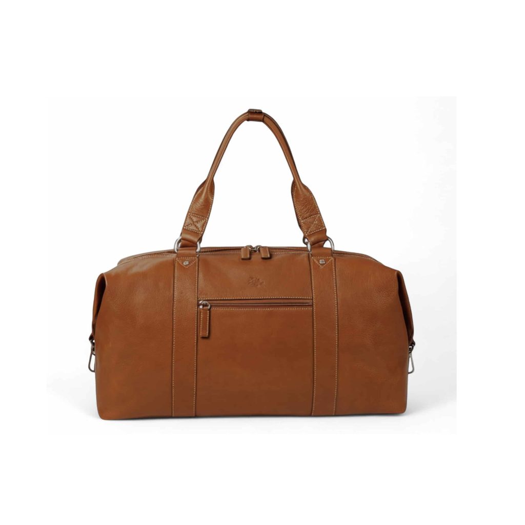 Sac de voyage en cuir marron avec poignées épaisses et poches zippées.