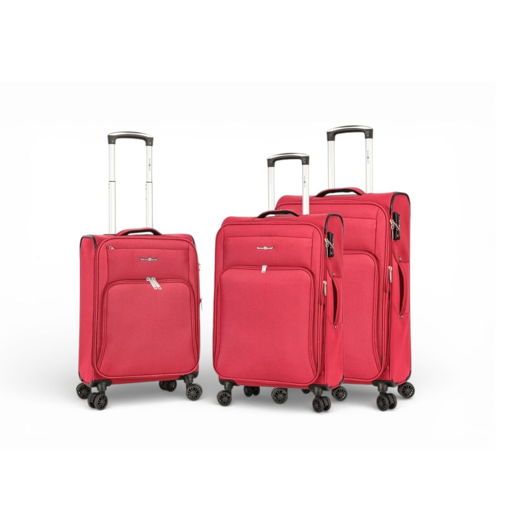 set de 3 valises souples extensibles 4 roues en polyester 600D avec serrure TSA rouge -vue de face