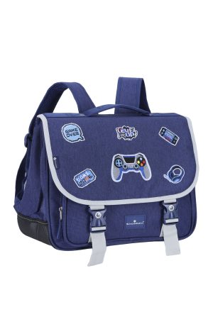 Cartable scolaire garçon CE1 CE2 Snowball T61538 bleu 38 cm motif jeux vidéo pour enfant de 7 à 9 ans vue de face