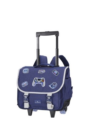Cartable CE1-CE2 à roulettes 38 cm Blue Gamer Snowball vu de face avec motif gaming bleu