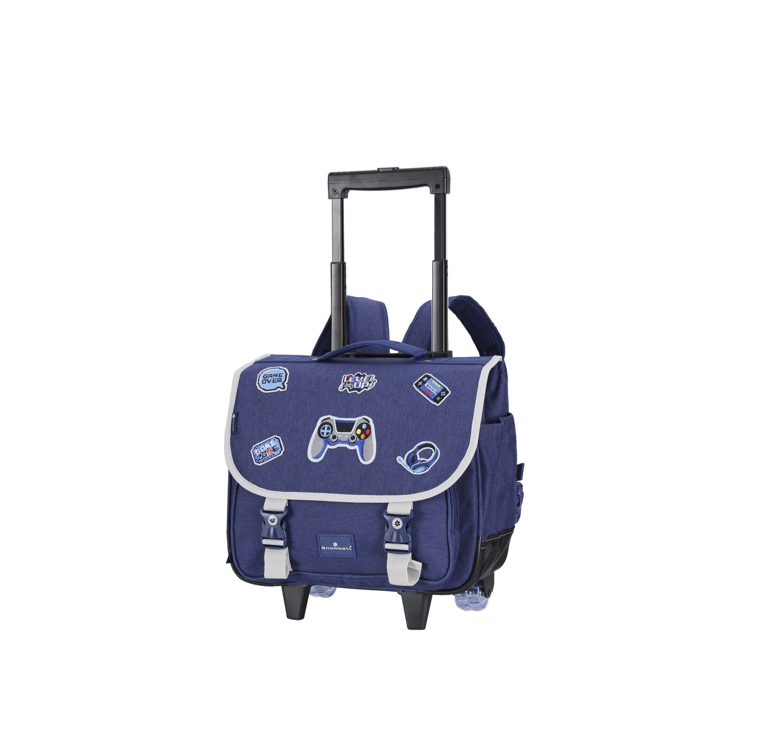 Cartable CE1-CE2 à roulettes 38 cm Blue Gamer Snowball vu de face avec motif gaming bleu