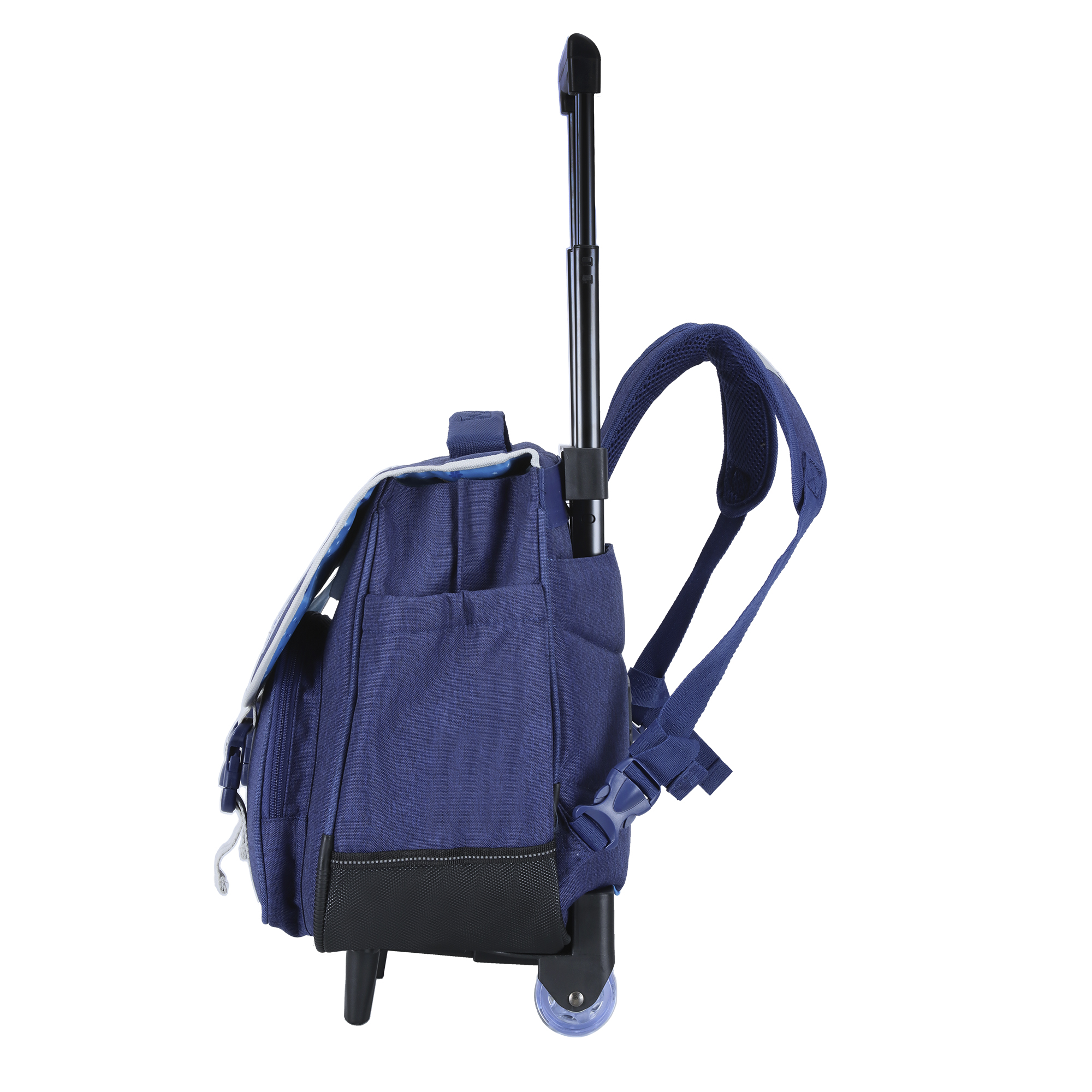 Cartable CE1-CE2 à roulettes 38 cm Blue Gamer Snowball vu de profil avec format scolaire compact