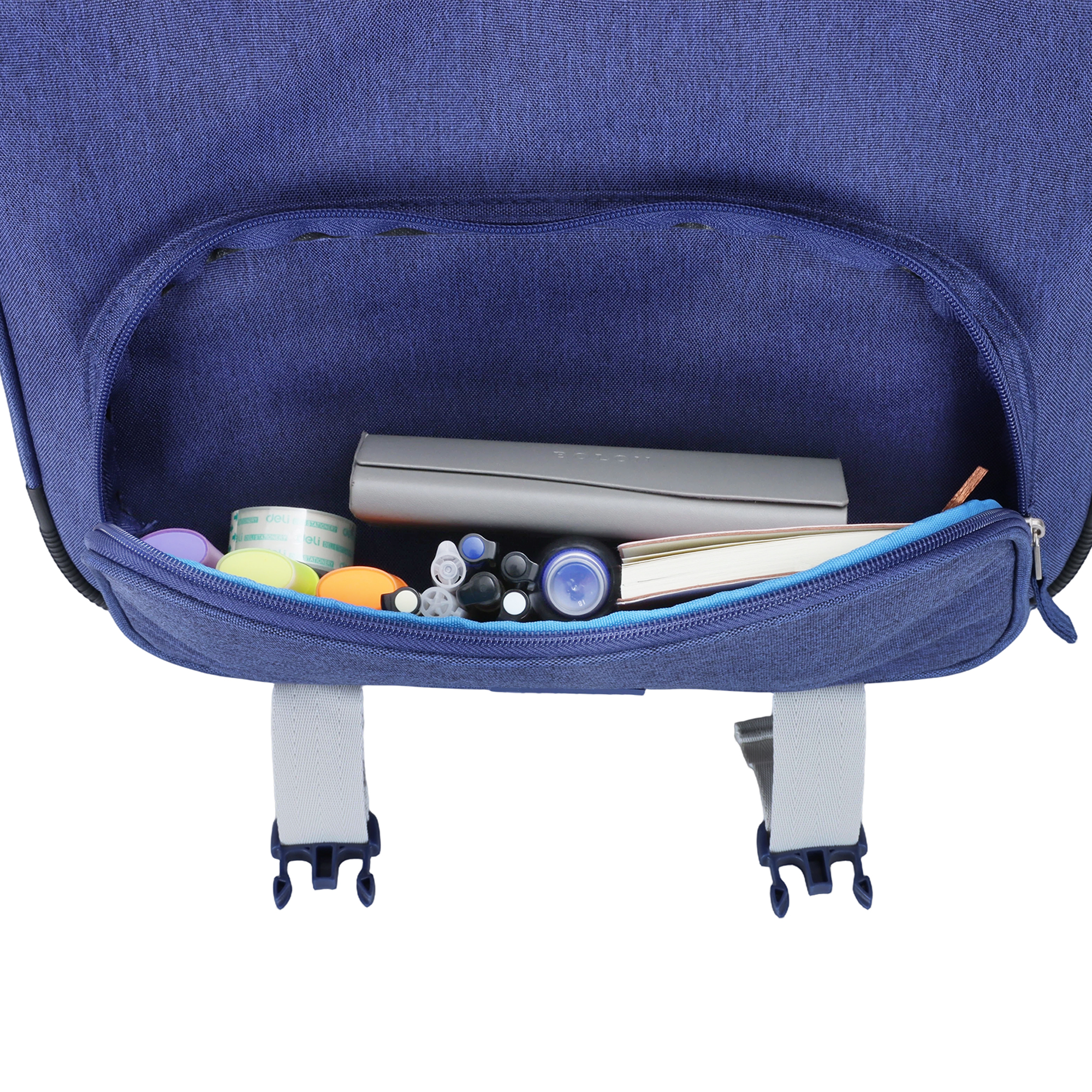 Cartable Blue Gamer Snowball ouvert montrant ses compartiments et son organisation intérieure poche