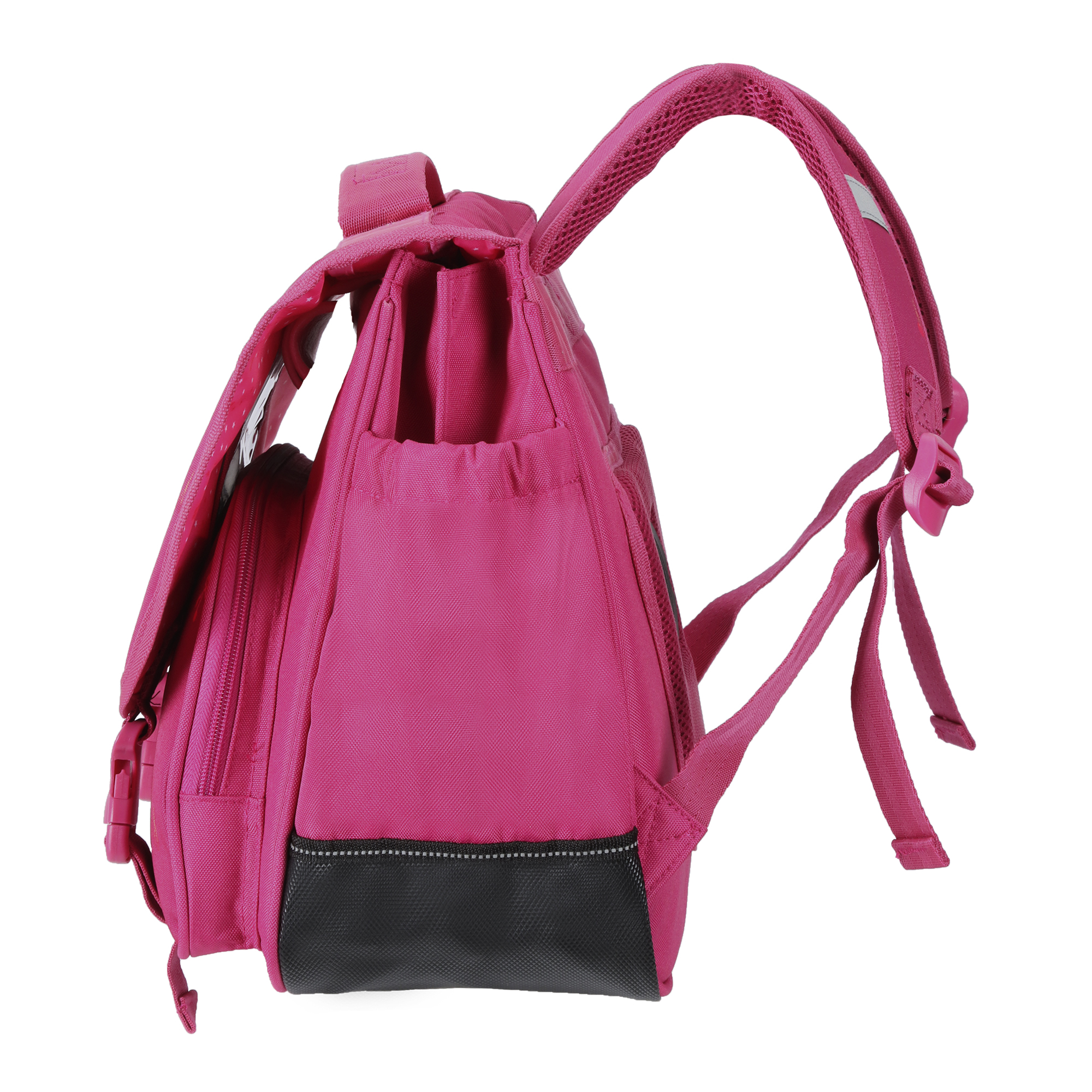 Vue de profil du cartable scolaire fille 38 cm montrant la poche latérale pour gourde ou parapluie