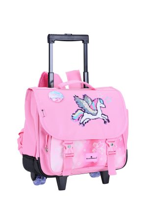 Cartable à roulettes fille Snowball 38 cm rose avec motif licorne pailletée, vue de face