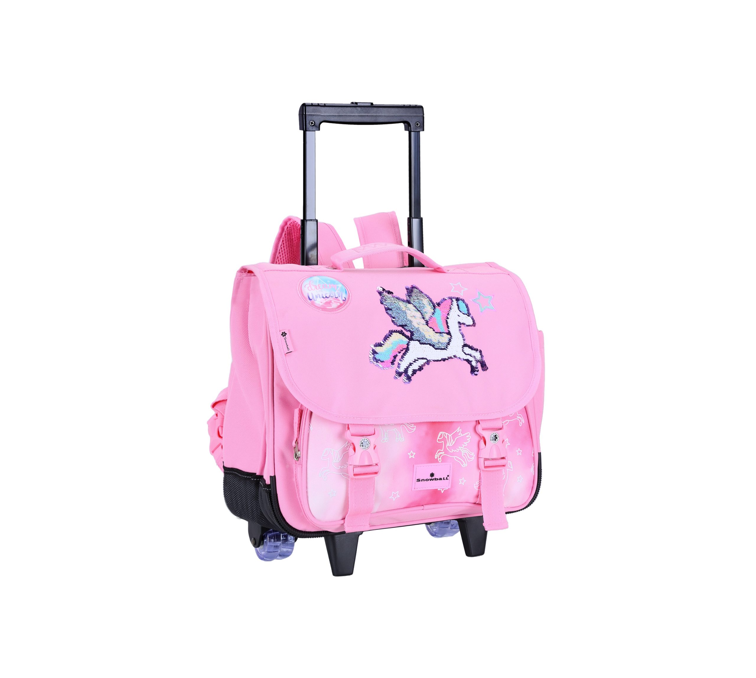 Cartable à roulettes fille Snowball 38 cm rose avec motif licorne pailletée, vue de face