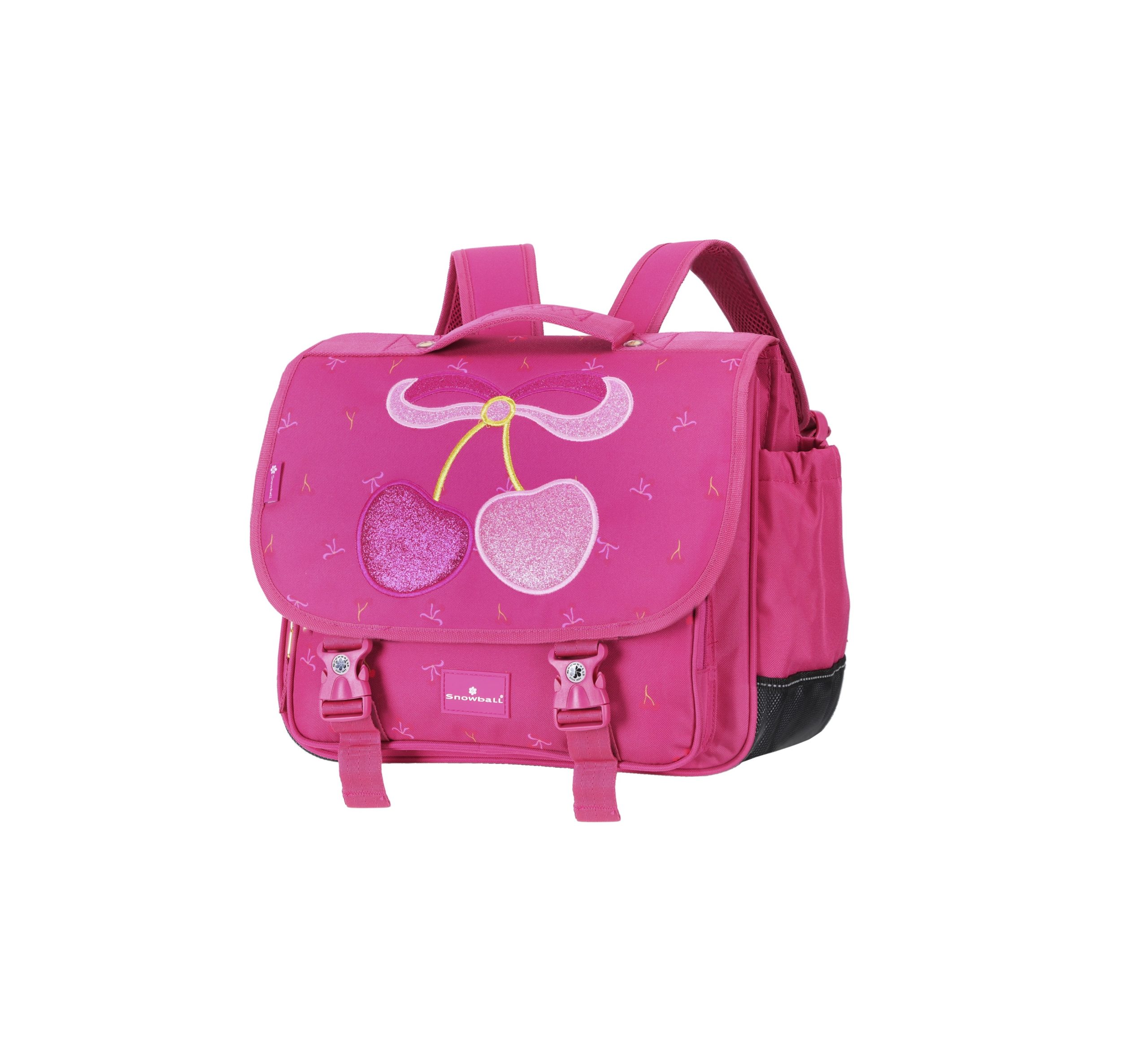 Cartable rose avec cerises pailletées pour fille CE1-CE2.