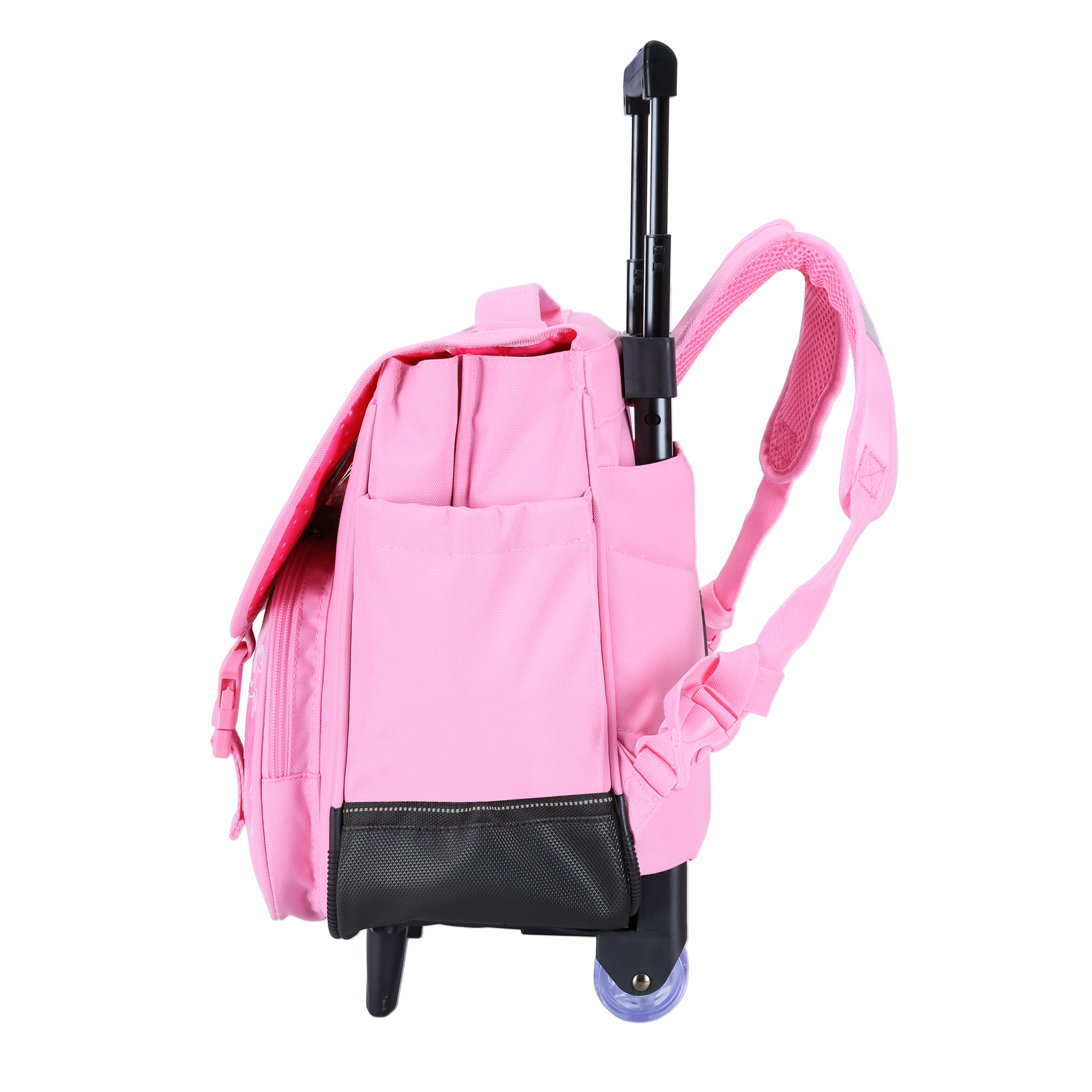 Vue de profil du cartable à roulettes rose pour fille de 7 à 9 ans, montrant l'épaisseur du sac.