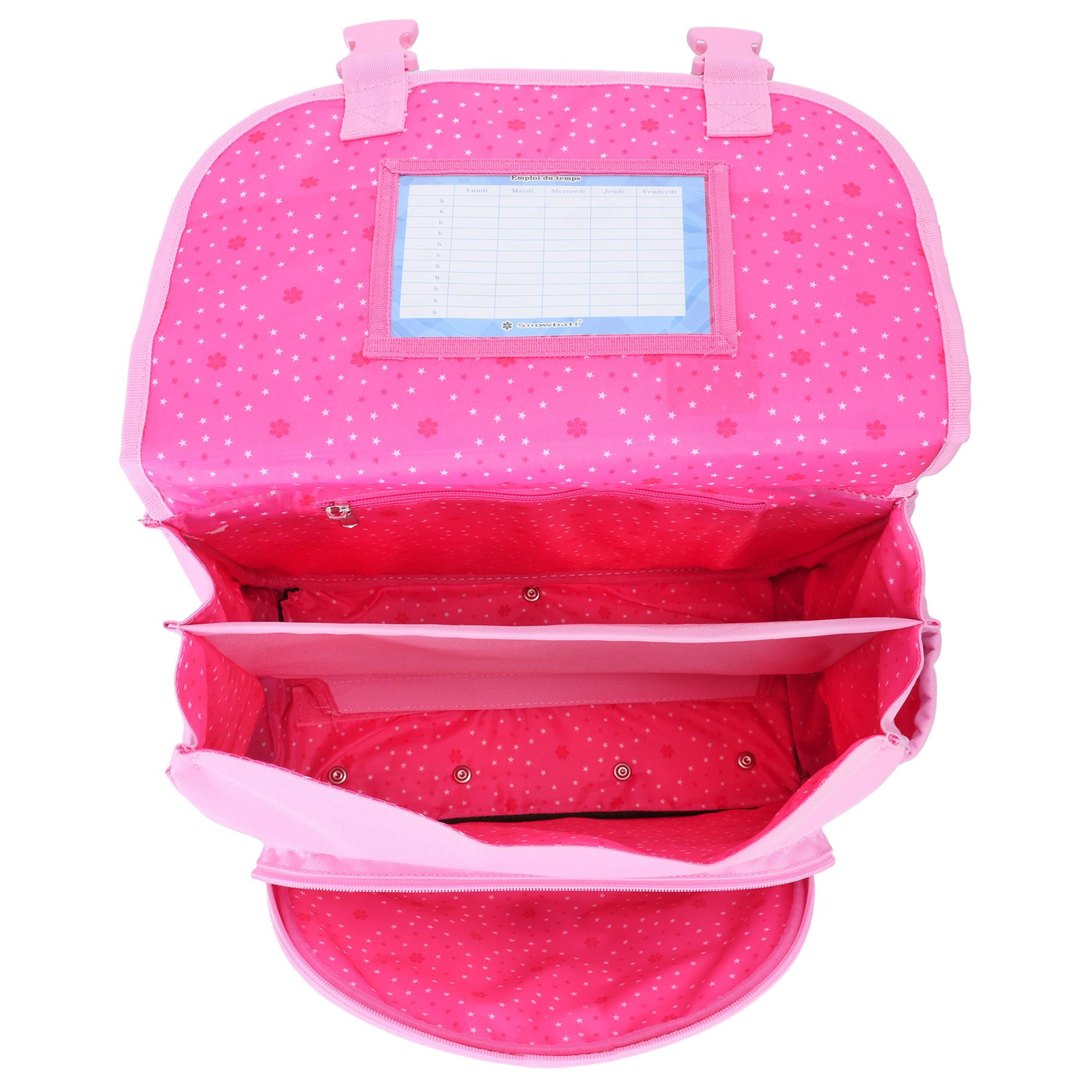 Intérieur ouvert du cartable Snowball montrant les 2 grands compartiments pour cahiers 24x32 cm.
