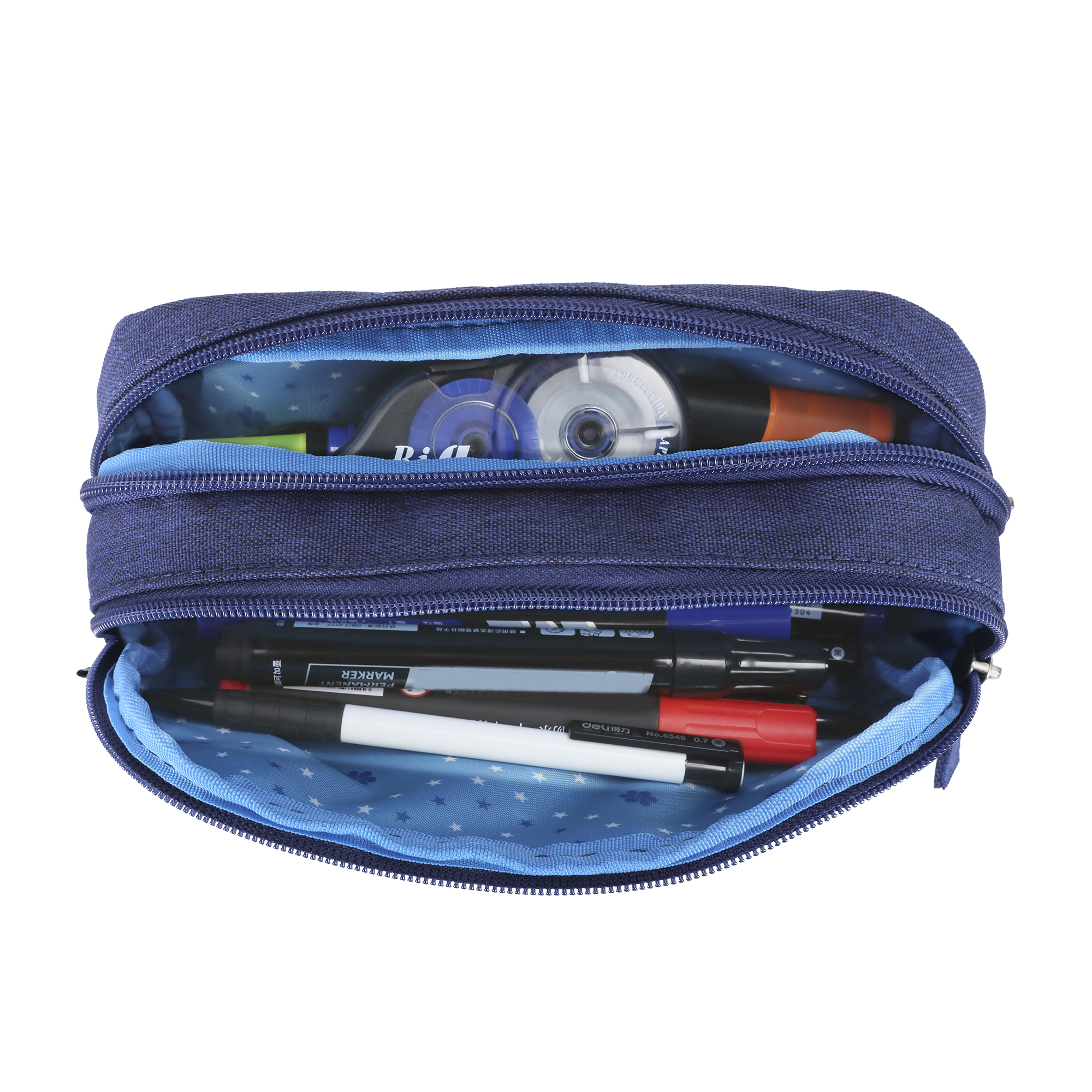 Vue de dessus de la trousse scolaire Snowball montrant ses deux fermetures à glissière